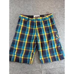 Fox Racing Walkies Plaid Board Shorts Mens 33 Blue Yellow Beach Summer Swimwear